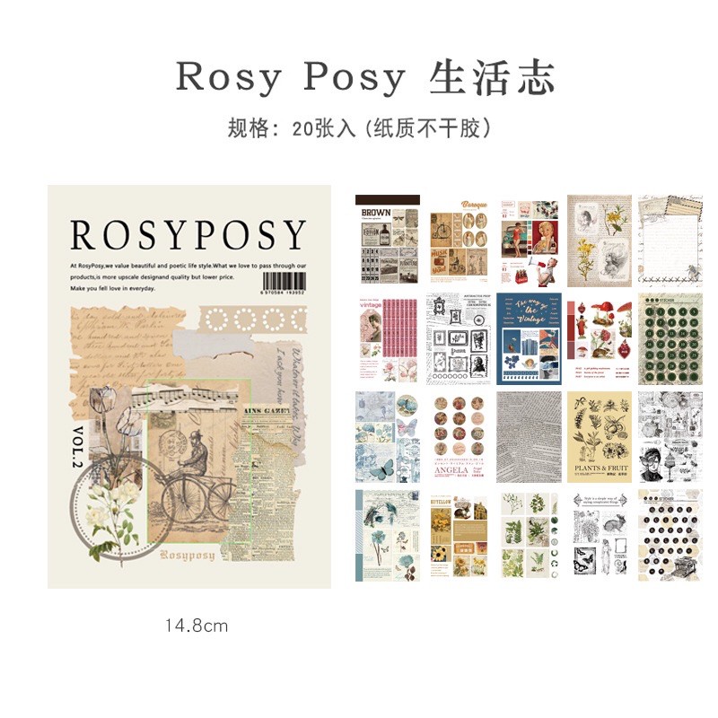 Sổ sticker tổng hợp Rosy Posy phong cách hiện đại, cổ điển, đáng yêu