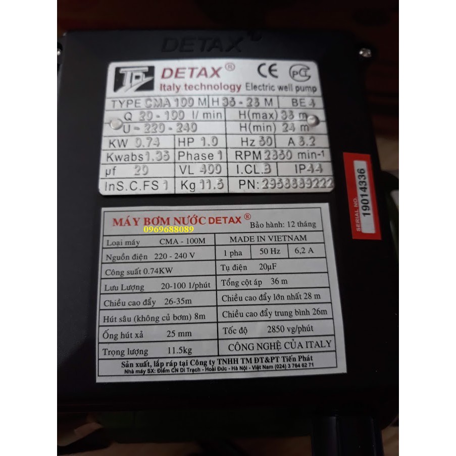 Máy bơm hút Giếng Khoan bơm DETAX CMA100 740W
