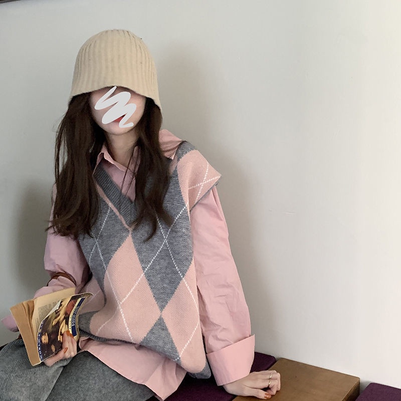 Áo sweater SUXI dệt kim cổ chữ V dáng rộng họa tiết caro phong cách Hàn Quốc cổ điển thời trang