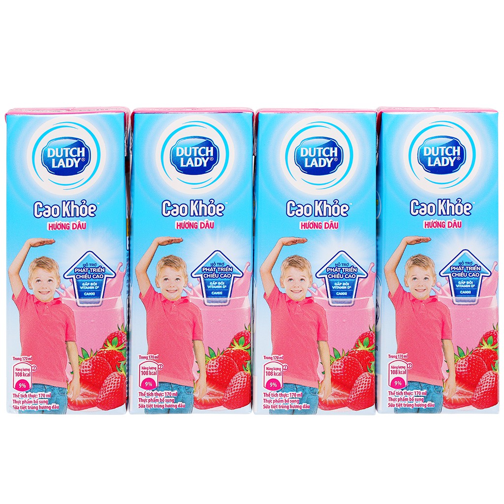 Lốc 4 hộp sữa tiệt trùng hương dâu Dutch Lady Cao khoẻ 170ml