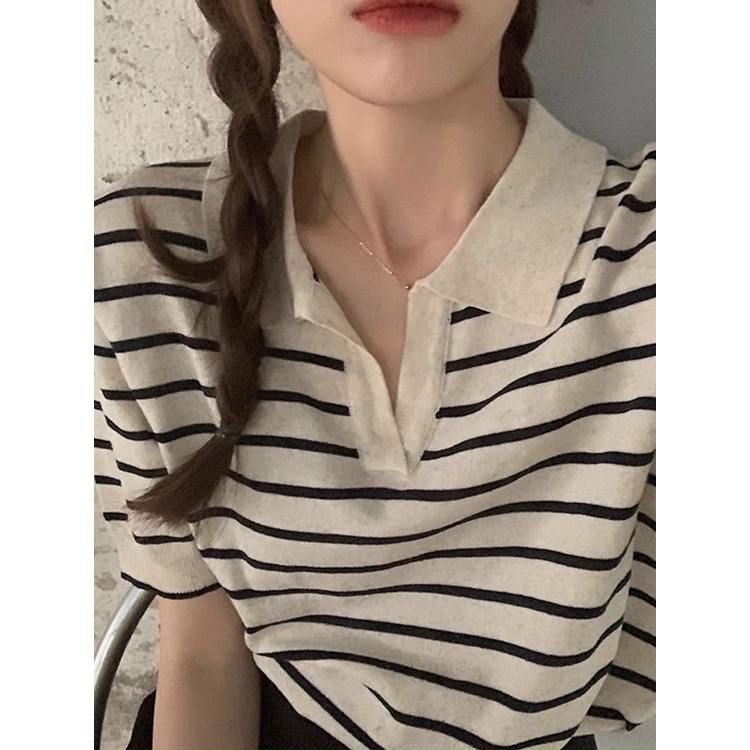 Áo kiểu nữ tay ngắn cổ chữ V kẻ sọc thời trang, áo len kẻ polo basic chất mongtoghi free size cá tính hàng Quảng Châu