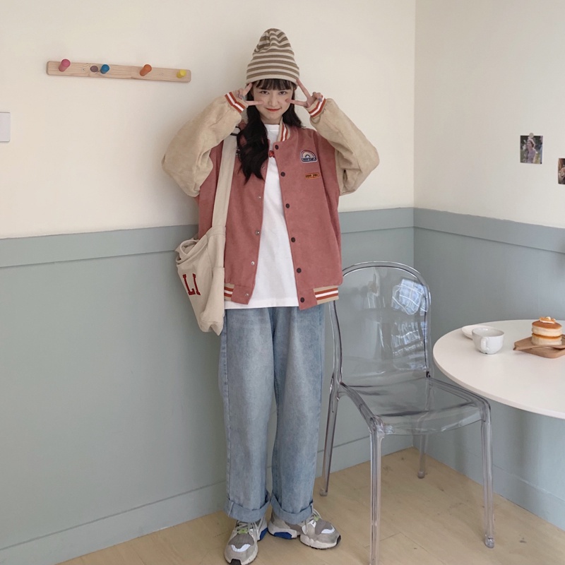 SUXI Áo khoác nhung kẻ tay dài dáng rộng thêu hoạ tiết thời trang mùa thu phong cách hàn quốc cho nữ