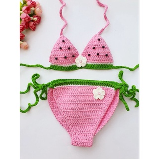Bikini len handmade cho bé/Bikini dưa hấu tone hồng dễ thương cho bé từ 6 - 16kg