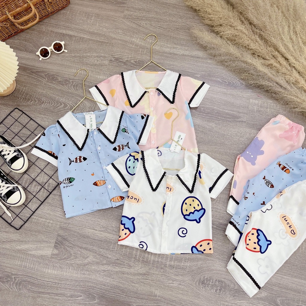 Bộ pijama lửng lụa mềm mát cho bé gái - Bộ đồ ngủ hai màu xanh hồng cho bé từ 10 đến 29 kg