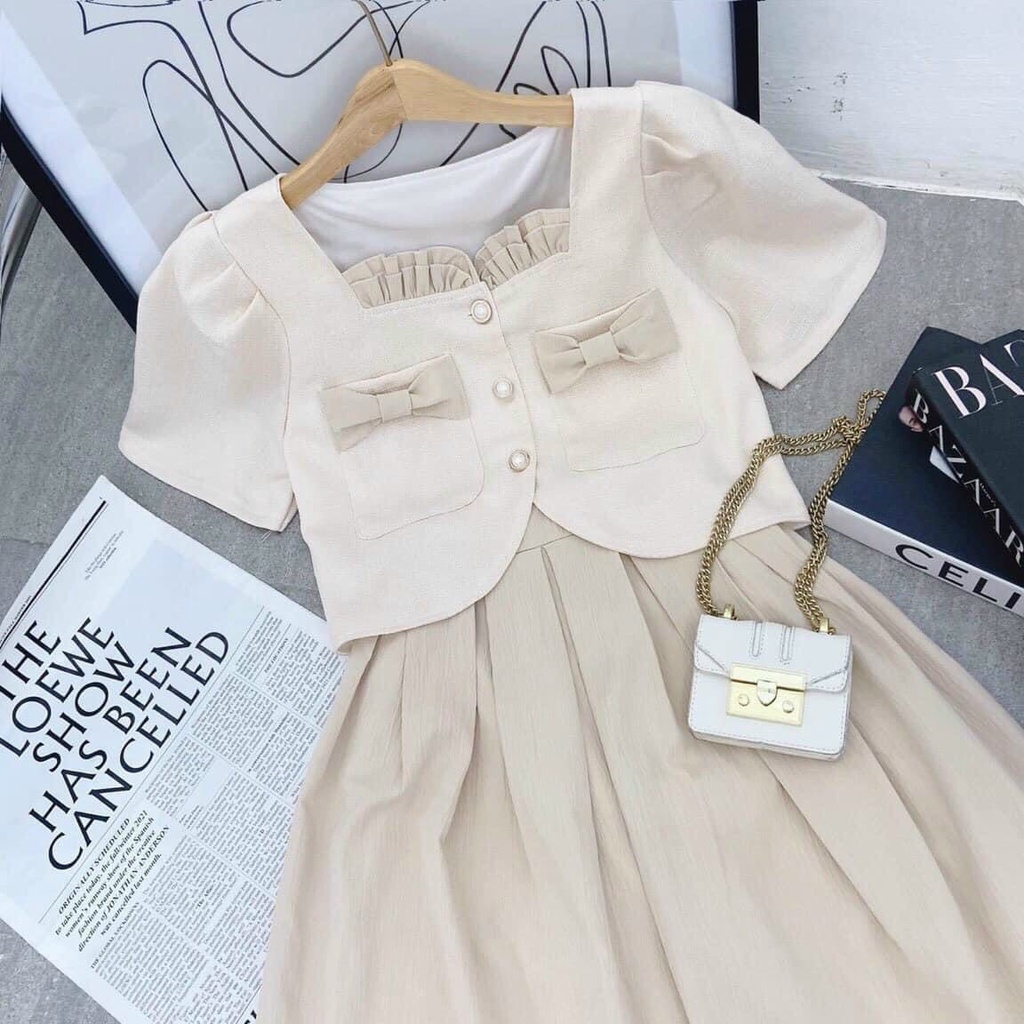 Set đồ nữ áo kiểu croptop tay lỡ và chân váy dáng phồng midi NPSET029