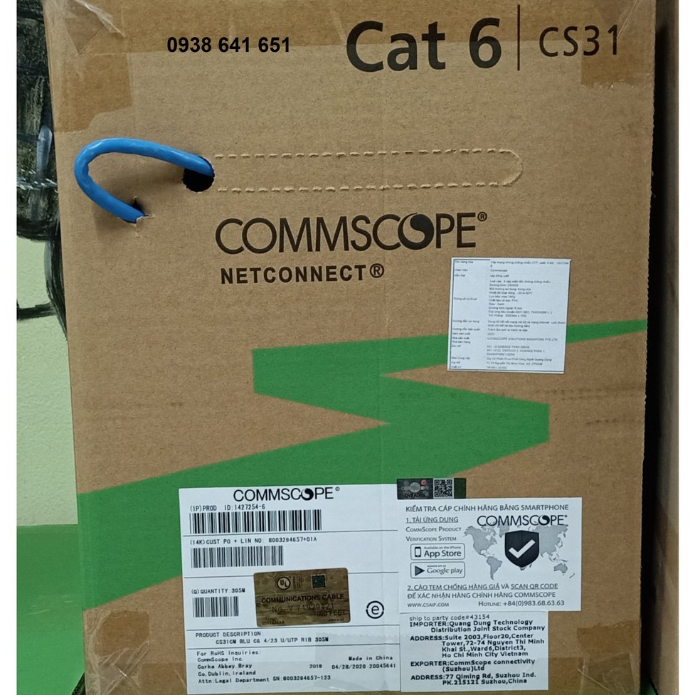 Dây cáp mạng bấm sẵn 2 đầu Cat6 dài 1m, 3m, 5m, 10m, 15m, 20m chính hãng AMP/Commscope