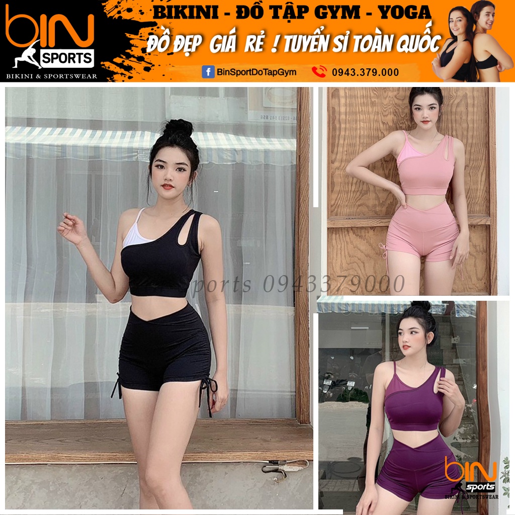 Đồ tập gym nữ, set bộ đùi thể thao áo bra kèm mút quần đùi dây rút Bin Sports BN024