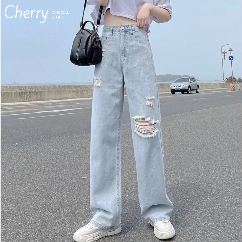 Quần bò nữ rách gối baggy ống suông rộng, quần jean baggy màu xanh nhạt cá tính năng động Cherry T058 | BigBuy360 - bigbuy360.vn