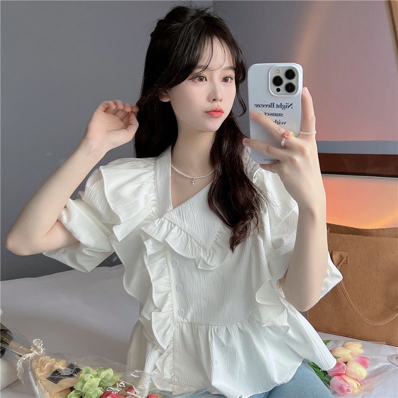 Áo thun Áo NgắN Tay Cổ Chữ v PhốI BèO NhúN Xinh XắN Cho Nữ JL-TX-166