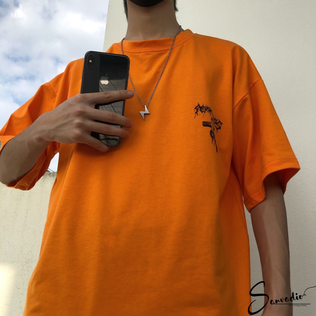 Áo thun SANVADIO unisex tay lỡ phông form rộng oversize 2 màu cam và đen cotton dáng xuông