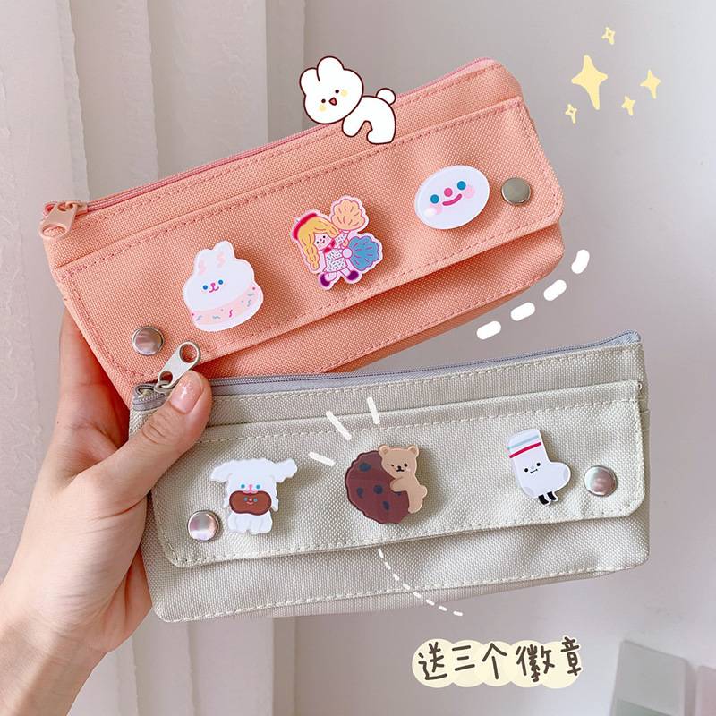 Hộp bút vải (+ sticker ) xinh xắn, bóp viết canvas nhiều ngăn có nút gài, túi màu pastel cho nữ và bé gái