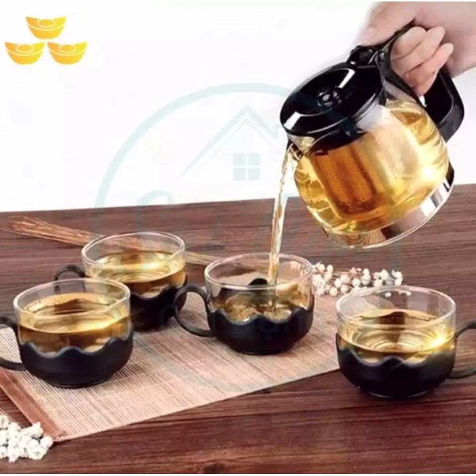 Bộ ấm pha trà thủy tinh lưới lọc Inox hàng đẹp (bộ 4 cốc)