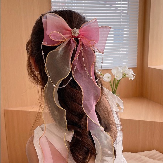Kẹp tóc hình nơ vải lưới phối dây ruy băng kiểu Nhật Bản Hàn Quốc thời trang mùa hè cho nữ