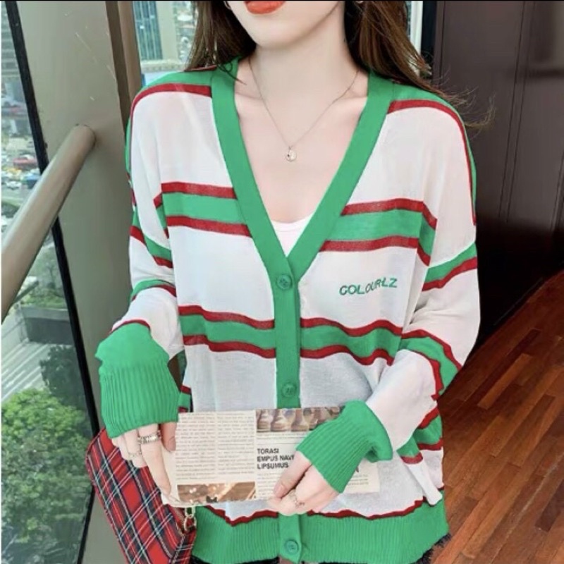 Áo khoác cardigan len mỏng sọc ngang phối màu nổi bật