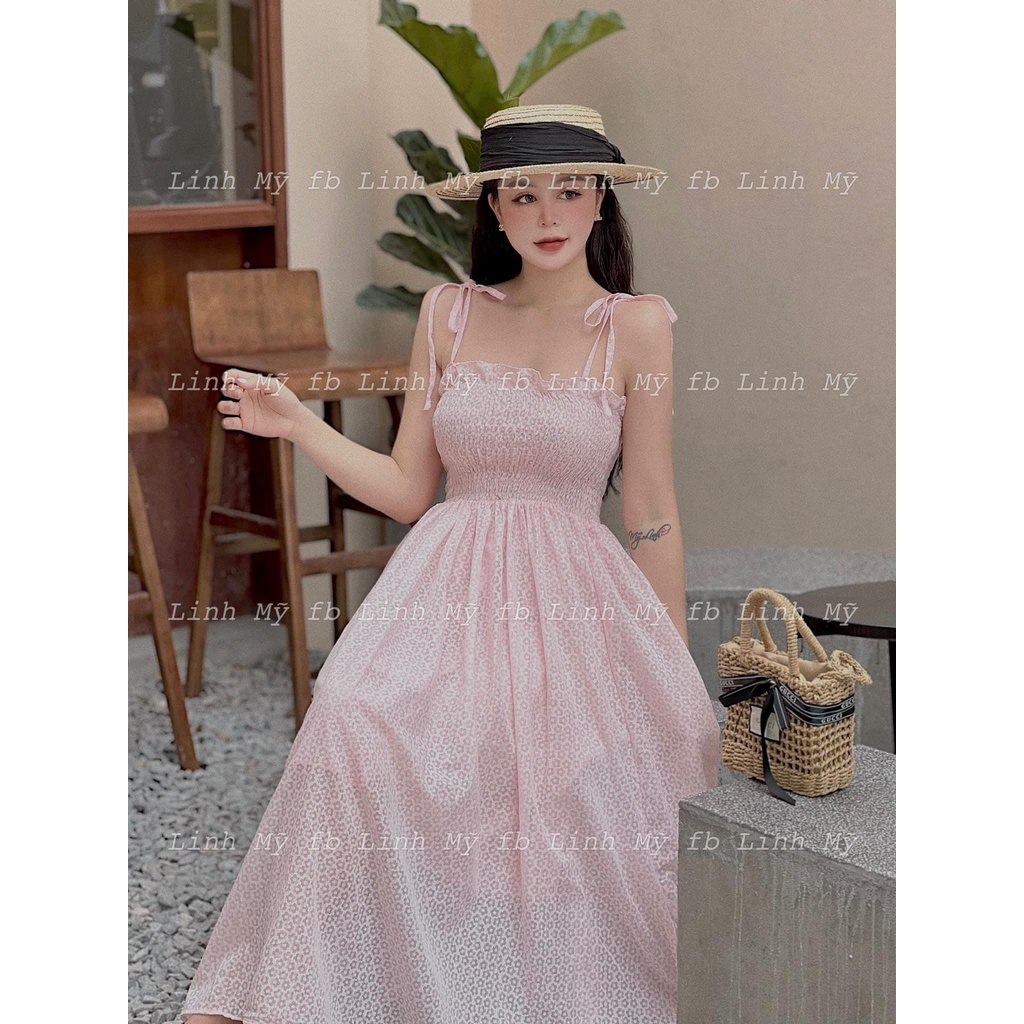 Váy maxi đi biển, đầm hai dây chun ngực buộc nơ vai tùy chỉnh