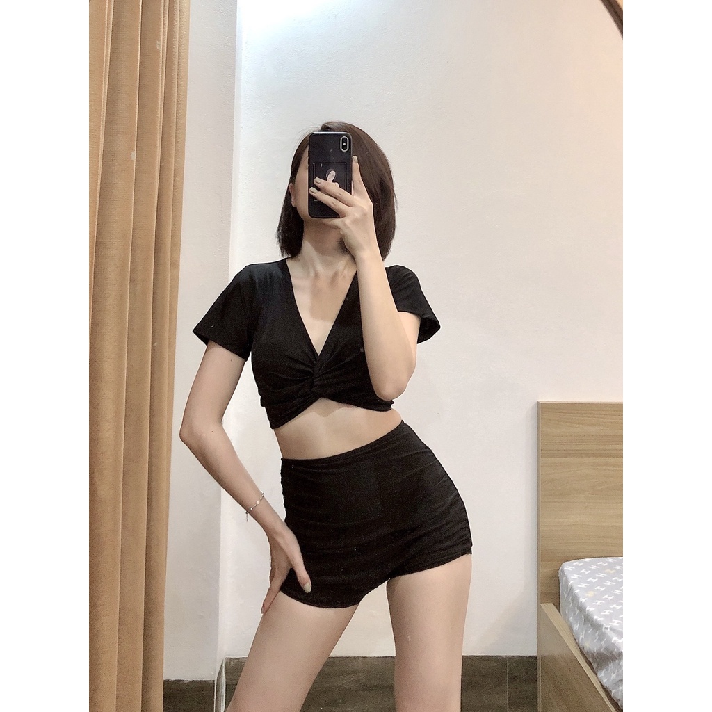 BIkini 2 mảnh áo cộc tay xoắn bụng quần nhún, bộ bơi rời đi biển cho nữ quần đùi Bikini191