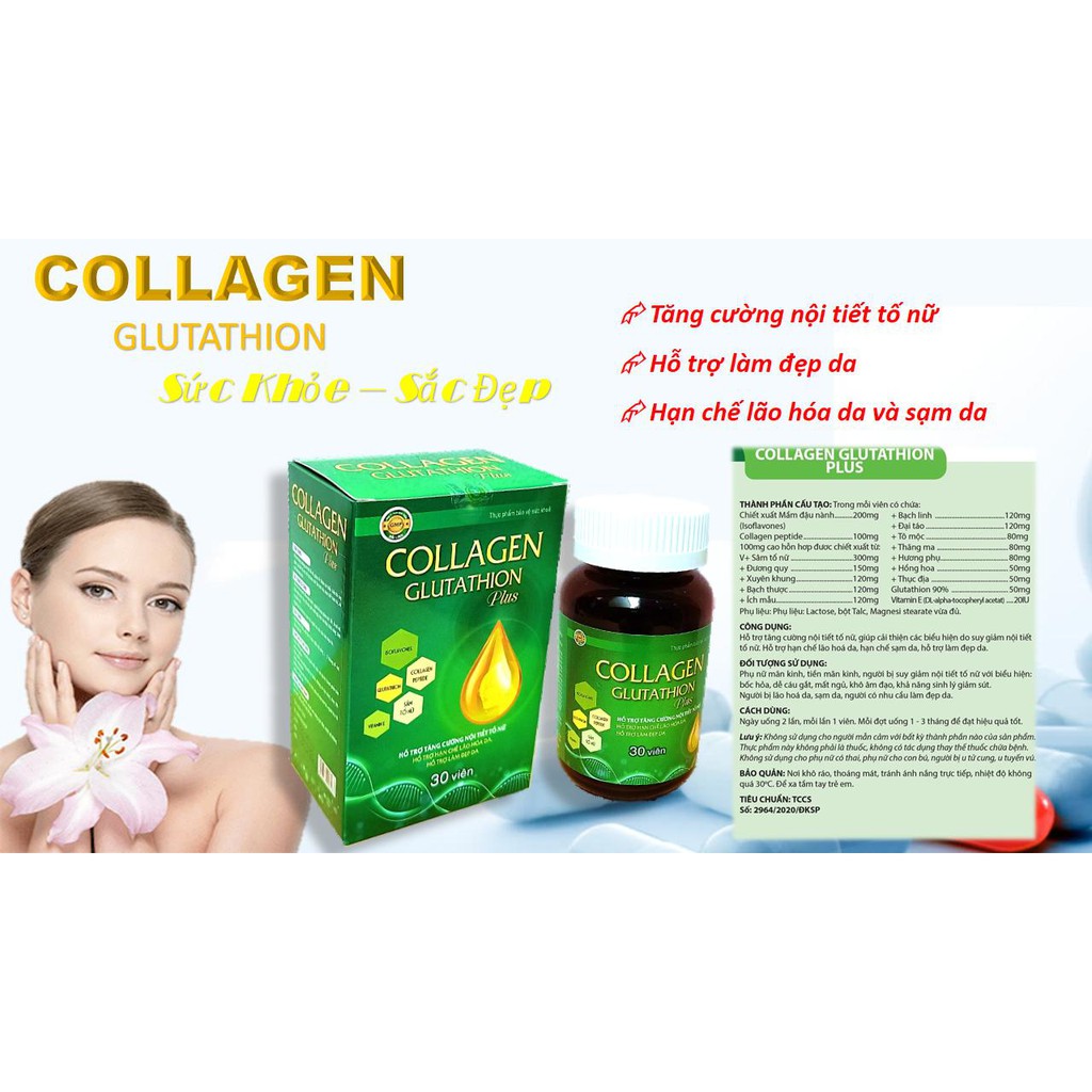 Viên uống đẹp da Collagen Glutathion Plus - thành phần sâm tố nữ 300mg,  Giúp tăng cường nội tiết tố nữ,hết nám, sạm da, | BigBuy360 - bigbuy360.vn