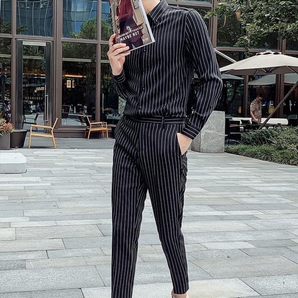 Quần âu tây nam sọc kẻ màu trắng - đen công sở kiểu hàn quốc  , vải cao cấp - ôm body slimfit