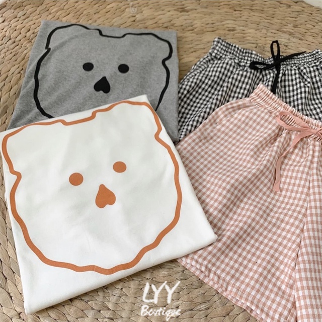 Set đồ nữ áo phông GẤU Hàn Quốc kèm quần short kẻ caro cute chất đẹp  Quảng Châu LYY BOUTIQUE