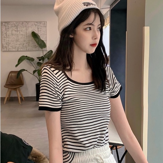 Áo Thun Dệt Kim Ngắn Tay Cổ Vuông Kẻ Sọc Cá Tính Thời Trang