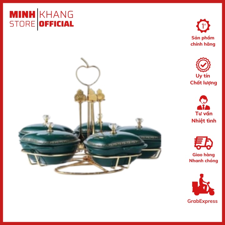Khay Mứt Đựng Bánh Kẹo Hoa Quả - Khay Mứt Quả Táo - Sứ Bắc Âu Cao Cấp 5 Ngăn Kèm Đĩa - Màu Xanh Viền Vàng.