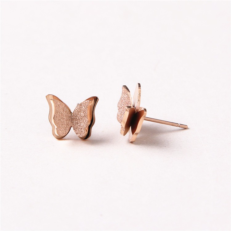 Khuyên Tai Thép Titan Mạ Vàng Hồng 18k Mặt Hình Bướm Dễ Thương Phong Cách Hàn Quốc