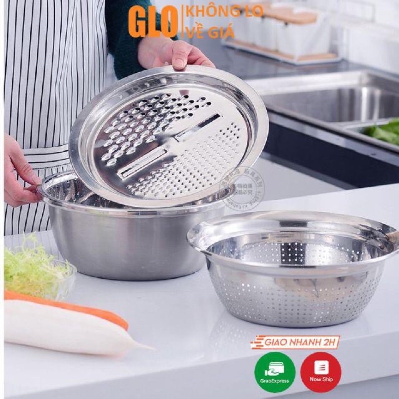Bộ dụng cụ 3 Món nạo rau củ đa năng,Thau Rổ Bào Inox siêu tiện Lợi,Bào sợi,gừng, và nhiều công dụng tiện lợi