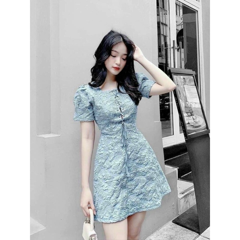 Đầm gấm nổi đan dây [Ảnh thật]