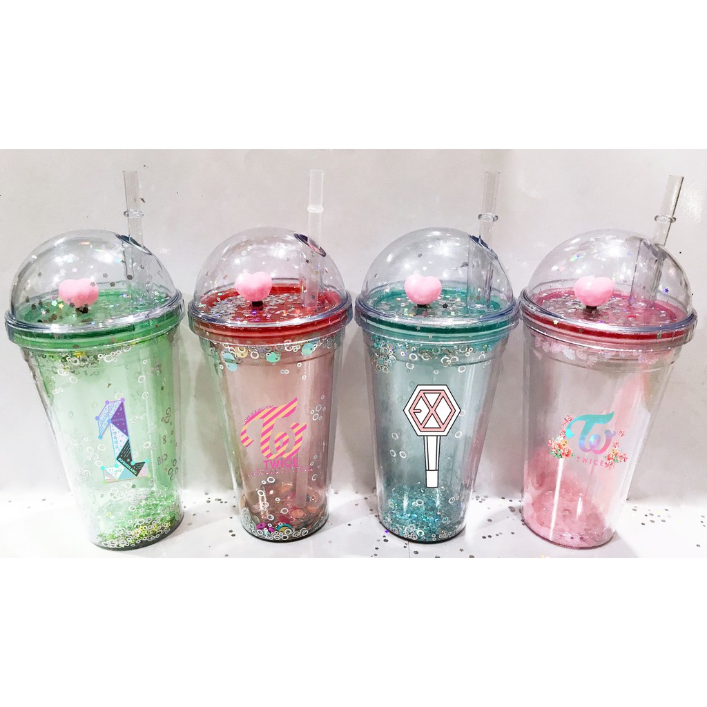 cốc 2 lớp kim tuyến twice wanna one exo khủng long nắp cầu CNCKI14 cốc giữ nhiệt ly 2 lớp dễ thương 500ml