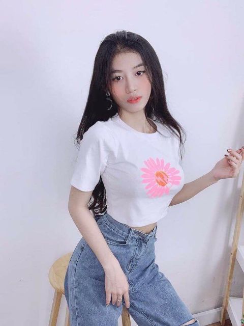 Áo Croptop in Hoa CT cotton Co giãn, thấm hút mồ hồi