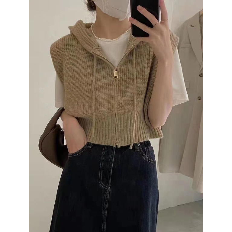Áo Dệt Kim Sát Nách Màu Sắc Đơn Giản Có Khóa Kéo Thời Trang Cho Nữ