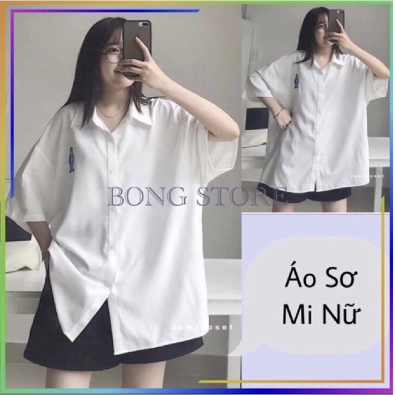 Áo sơ mi trắng nữ (HÀNG CAO CẤP), Áo sơ mi nữ trắng  thêu gấu bassic 2 màu trắng/đen dáng rộng unisex siêu đẹp.