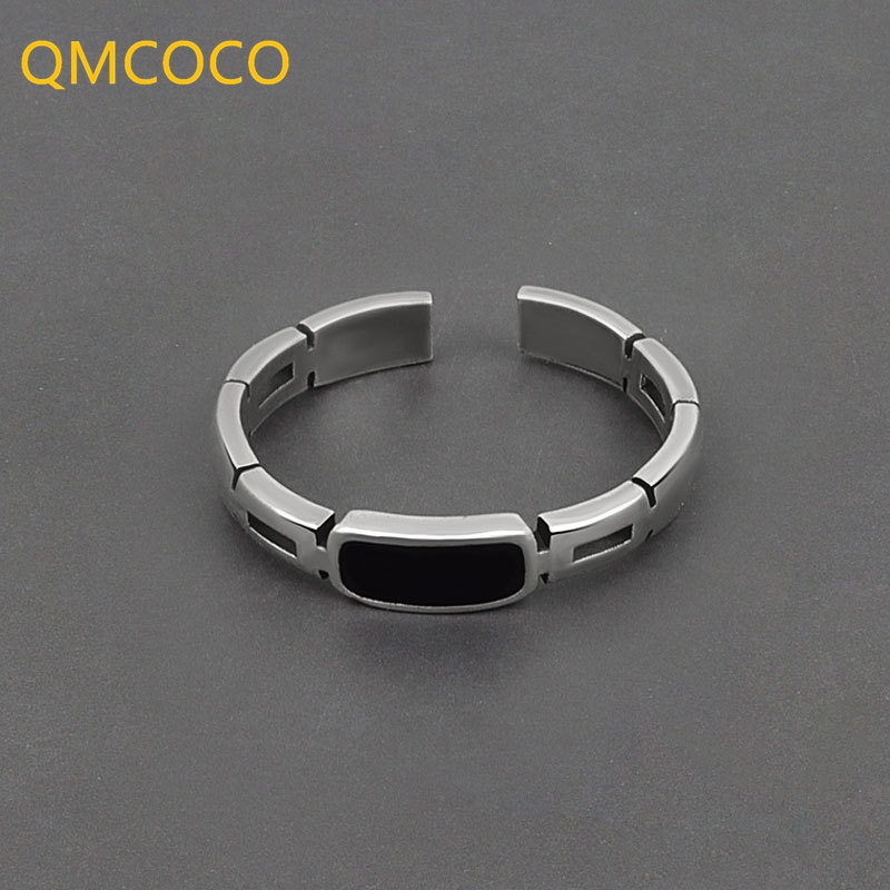 Nhẫn Hở Đính Đá Đen / Bạc Phong Cách INS Cổ Điển Có Thể Điều Chỉnh Kích Thước Dành Cho Nam Và Nữ