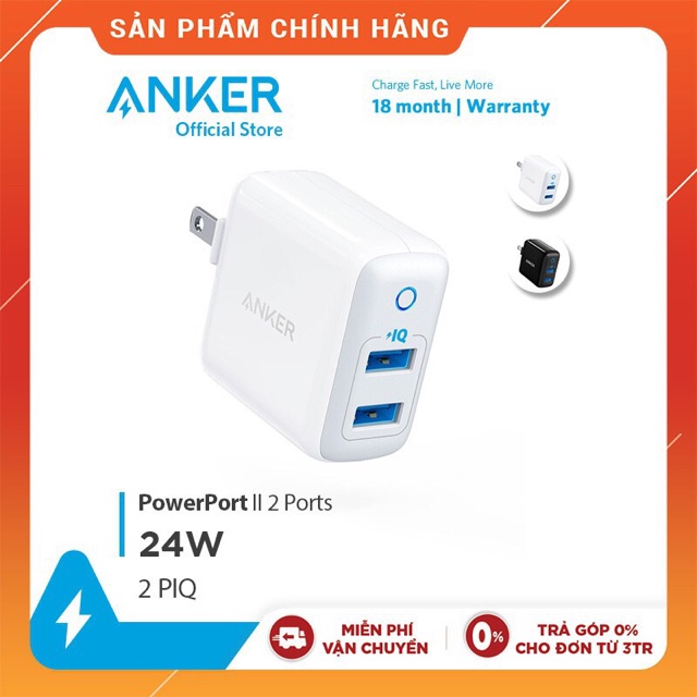 Sạc ANKER PowerPort II 2 cổng IQ 24w - A2027 Đen - Trắng