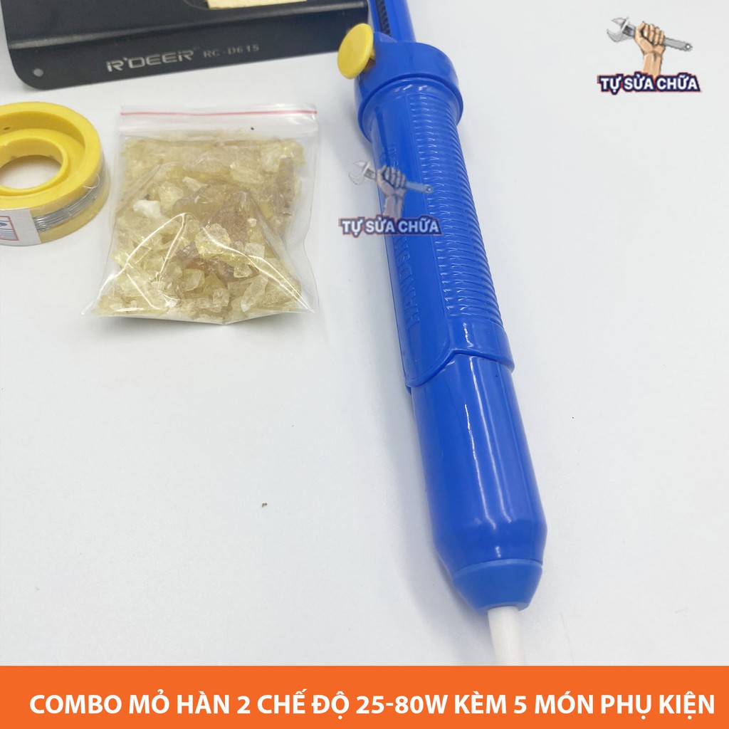 Combo Mỏ Hàn Thiếc 2 Chế Độ 25-80W và 5 Món Phụ Kiện (  Đế gác mỏ hàn, Bọt Biển, Thiếc Sunchi, Nhựa Thông, Hút Thiếc)