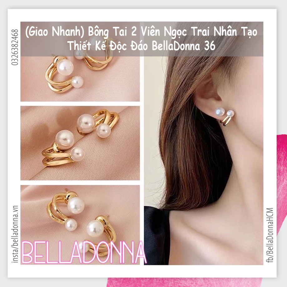 (Giao Nhanh) Bông Tai 2 Viên Ngọc Trai Nhân Tạo Thiết Kế Độc Đáo BellaDonna 36