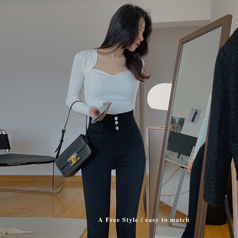 Quần skinny cạp cao 3 cúc Quần legging tregging nữ Nâng mông có túi cúc khóa kéo Sang chảnh Cao cấp Thời trang