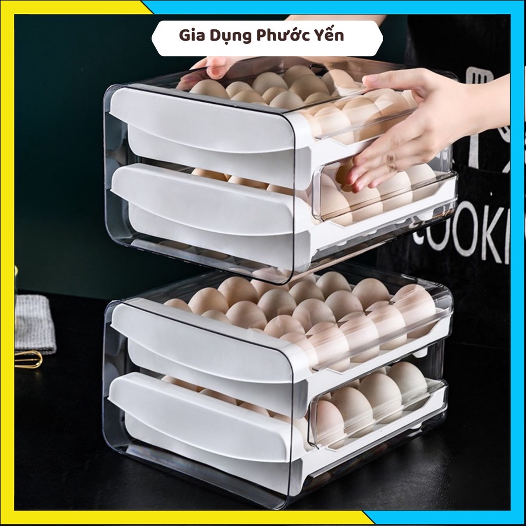 Khay hộp đựng trứng tủ lạnh 2 tầng khay chất liệu nhựa PP siêu bền 32 ô trong suốt phong cách Nhật