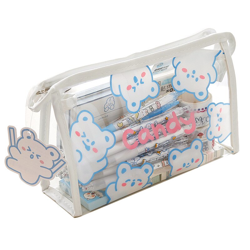 Túi đựng bút bằng Pvc trong suốt cỡ lớn có khóa kéo họa tiết thỏ xinh xắn