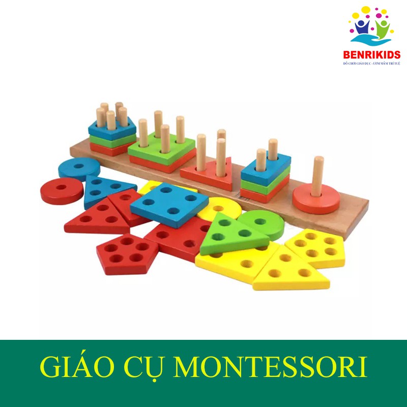 Đồ Chơi Montessori Thả Hình Khối 5 Cọc Cho Bé Học Màu Sắc Hình Khối