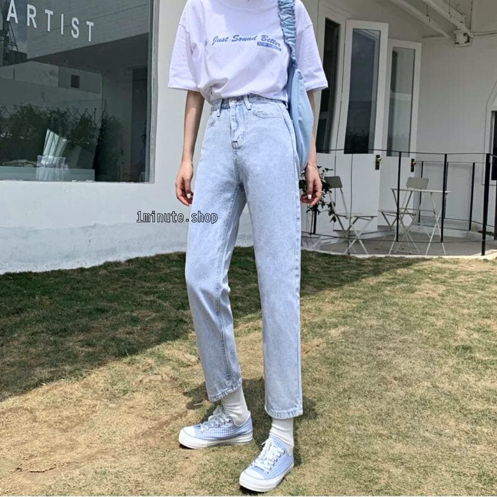 Quần jean baggy nữ trơn Basic cạp cao phong cách ulzzang (Size Đại, Bigsize) - Quần bò baggy lưng cao trơn 1Minute QJ018