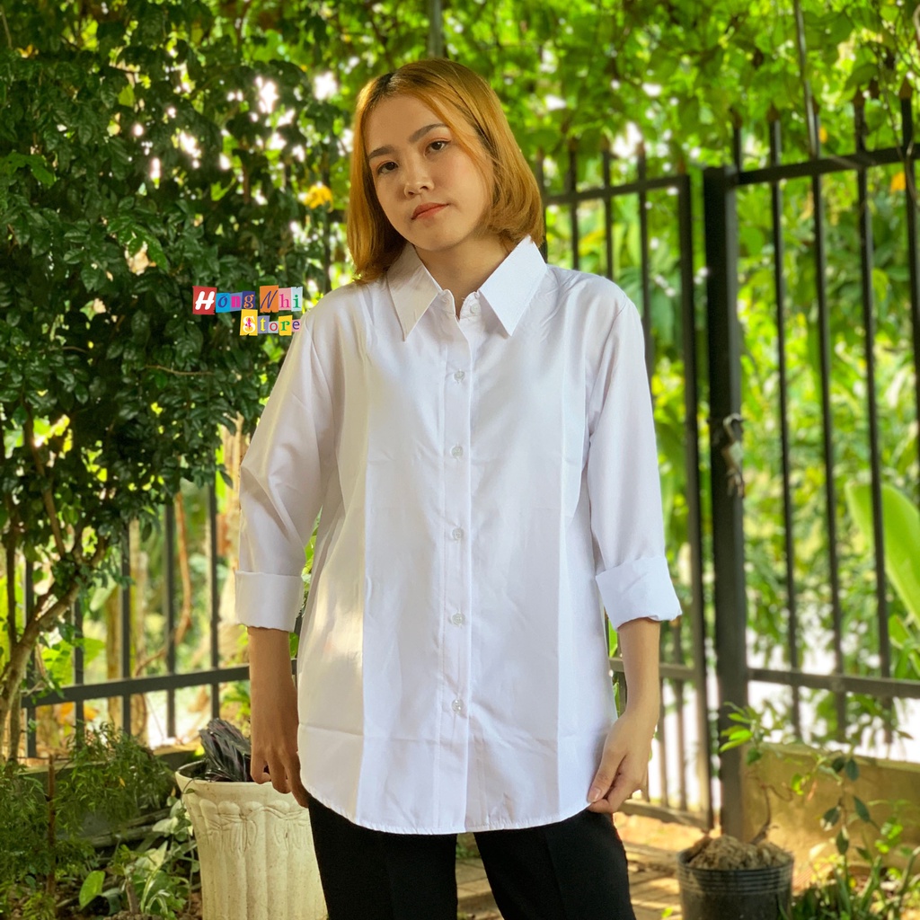 Sơ Mi Tay Dài Trơn Màu Trắng Dáng Rộng Nam Nữ Ulzzang Unisex - MM