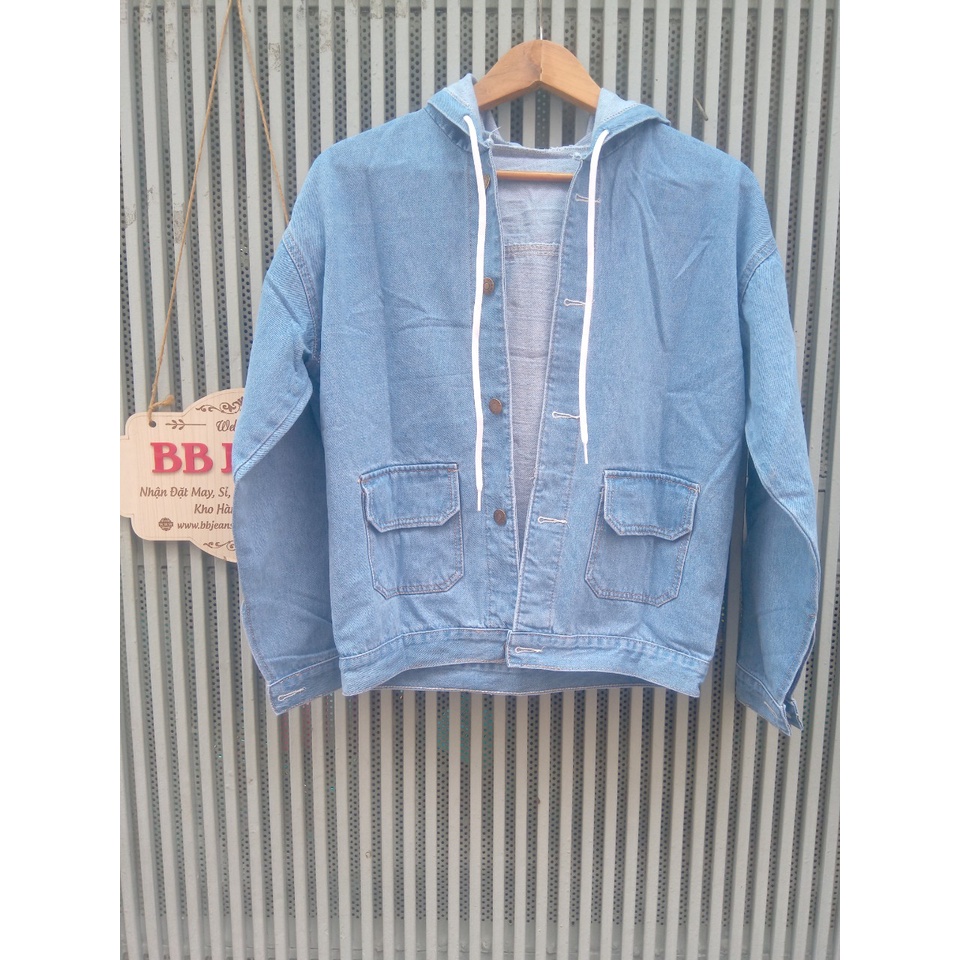 Áo khoác jean nữ có mũ hai túi trước BB cao cấp form dưới 58Kg BB72