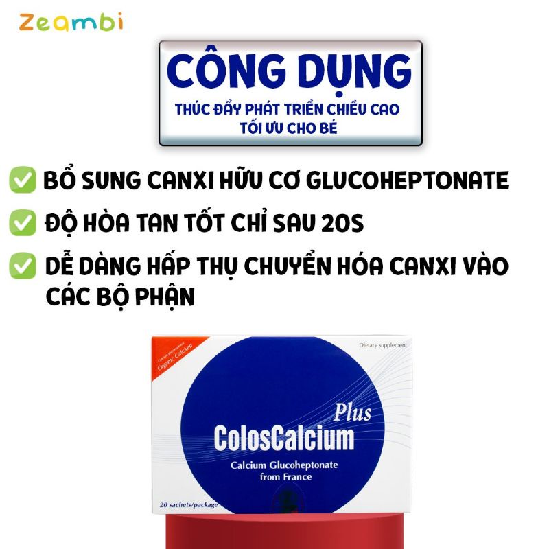 Canxi hữu cơ cho bé Zeambi Coloscalcium Plus Hộp 20 gói, Có Vitamin D3K2