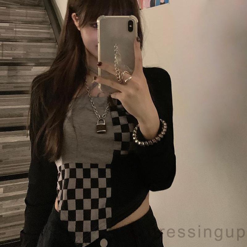 DRESSINGUP-Áo lửng buộc cổ thiết kế hoạ tiết vá caro thời trang xuân hè cho nữ dự tiệc câu lạc bộ