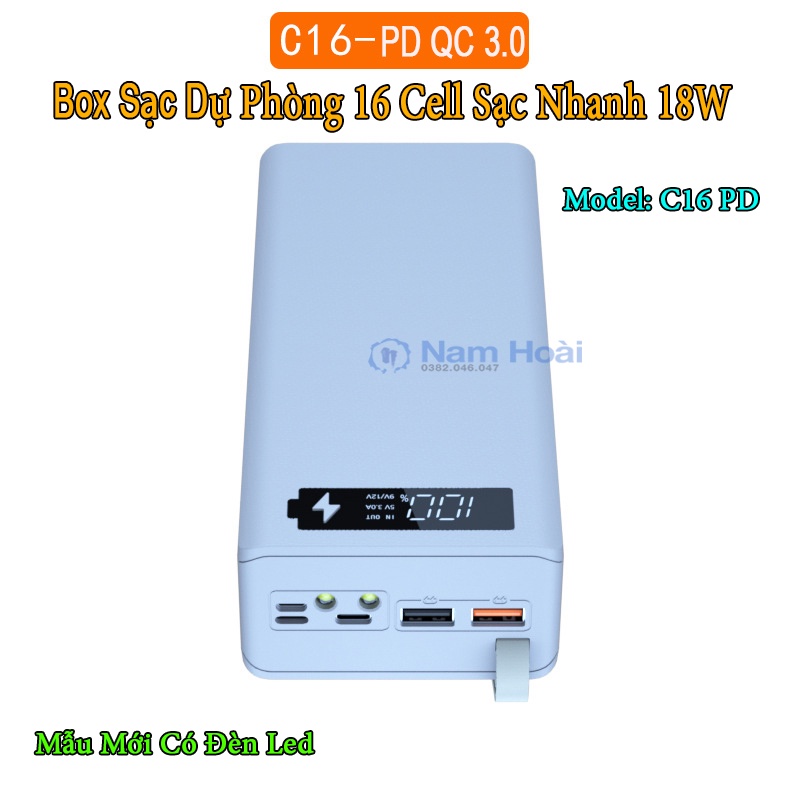 Box sạc dự phòng 16 cell sạc nhanh C16 QC/PD 3.0 Mẫu Mới 2022 bản cao cấp chống ngược cực