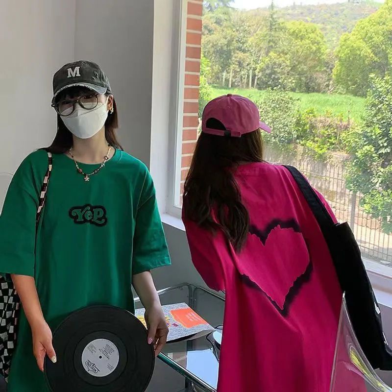 Jiashucheng Áo Thun Nữ Ngắn Tay Cổ Tròn In Hình Trái Tim Phong Cách Preppy Retro