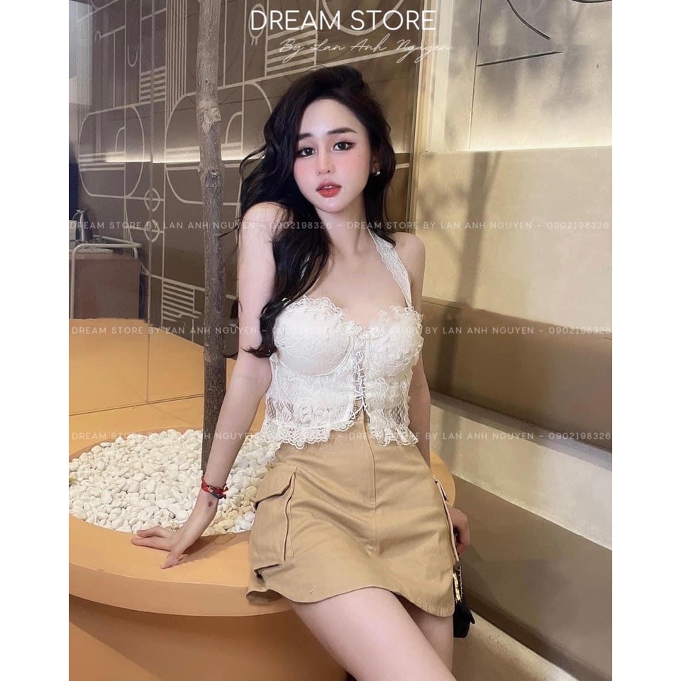 Set đồ nữ Áo ren cúp ngực hở lưng kèm Chân váy kaki dáng chữ A ngắn tôn dáng, style Hàn quốc, ảnh thật trải sàn