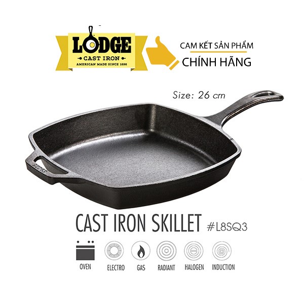 [Chính hãng LOGDE - MỸ] Chảo gang đúc hình vuông, đáy bằng Lodge 26cm - L8SQ3. Dùng nướng, chiên, xào, áp chảo thực phẩm
