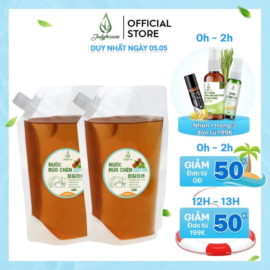 Combo 2 túi Nước rửa chén JULYHOUSE 750ml chiết xuất Bồ Hòn và tinh dầu Bạc Hà